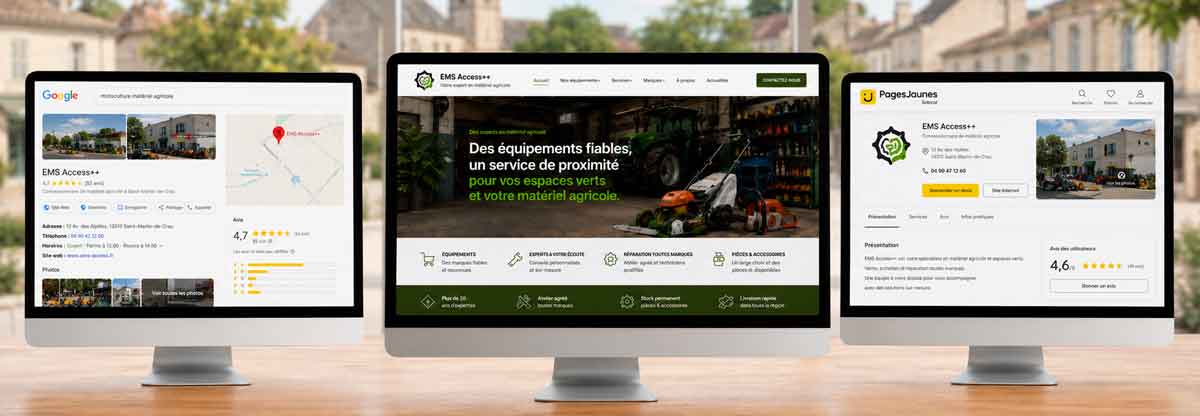Option EMS Access++ pour renforcer la visibilité Google avec site web, fiche Google Business Profile et page Solocal