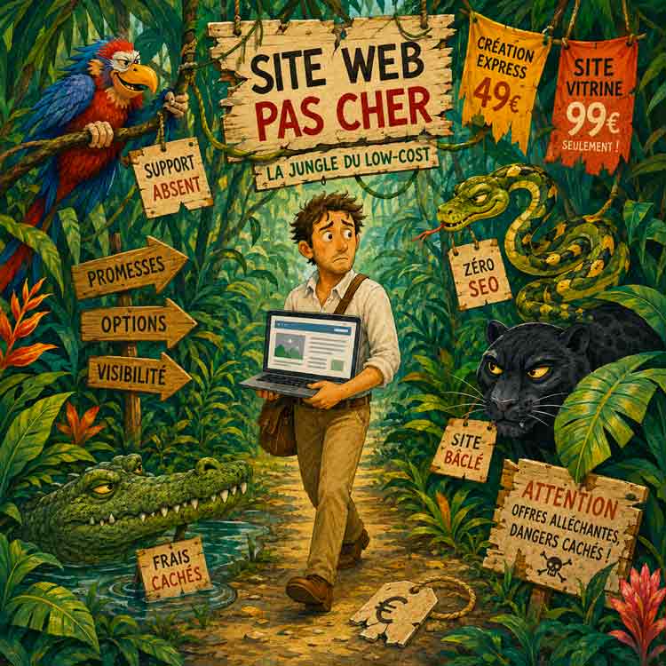 Illustration humoristique d’un client perdu dans la jungle des sites web low-cost, entouré d’offres trompeuses et de prédateurs